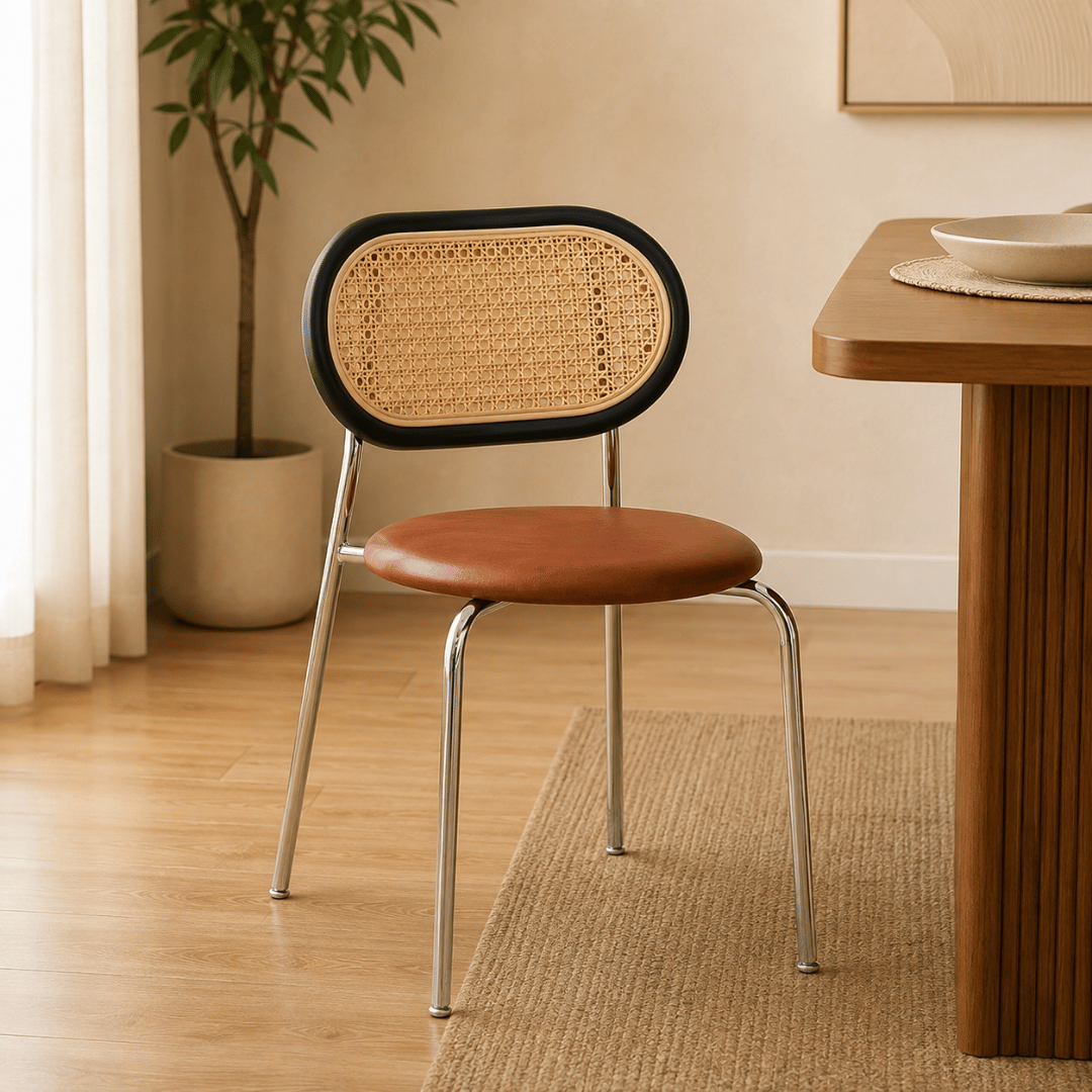 Elegant Rattan Ergonomic Backrest PU Leather Cushion Chair