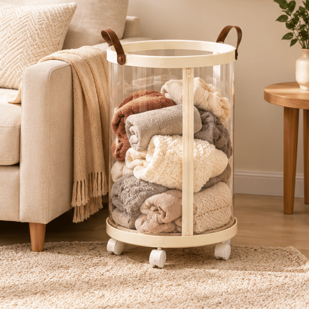 Modern Foldable Laundry Storage Basket with Transparent Body and Rotating Wheels