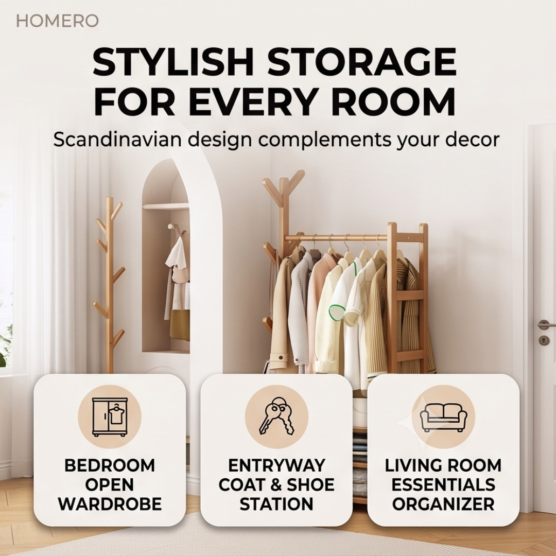 Modern Wooden Garment Rack with Storage Shelves Clothes Organizer