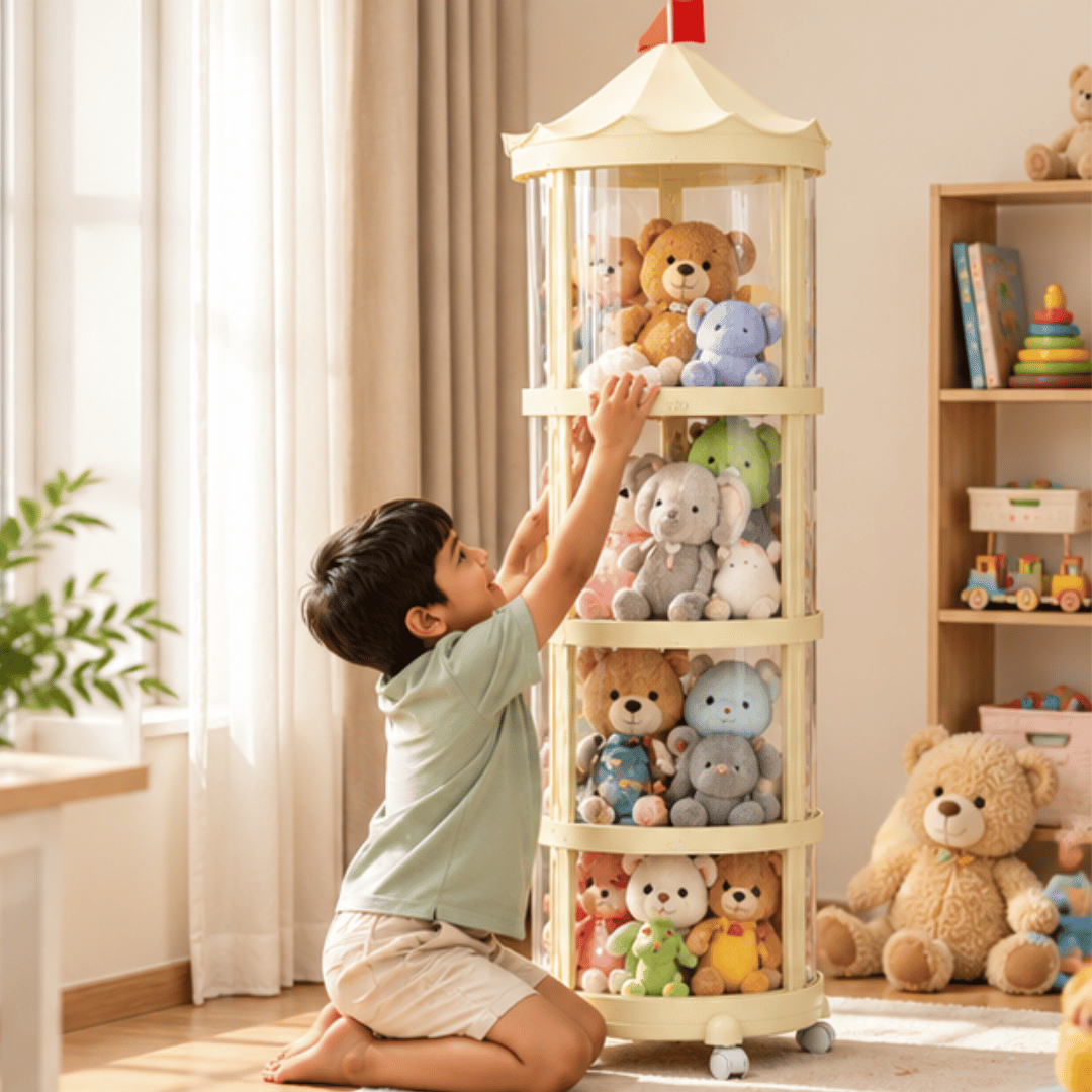 Transparent Plush Toy Organizer Display Cabinet with Rolling Wheels