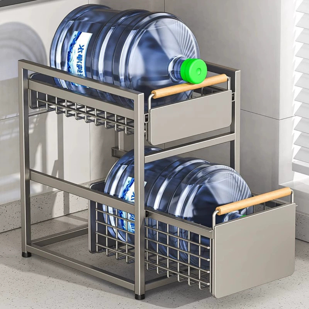 Double Layer Pull Out Under Sink Storage Rack with Wooden Handle