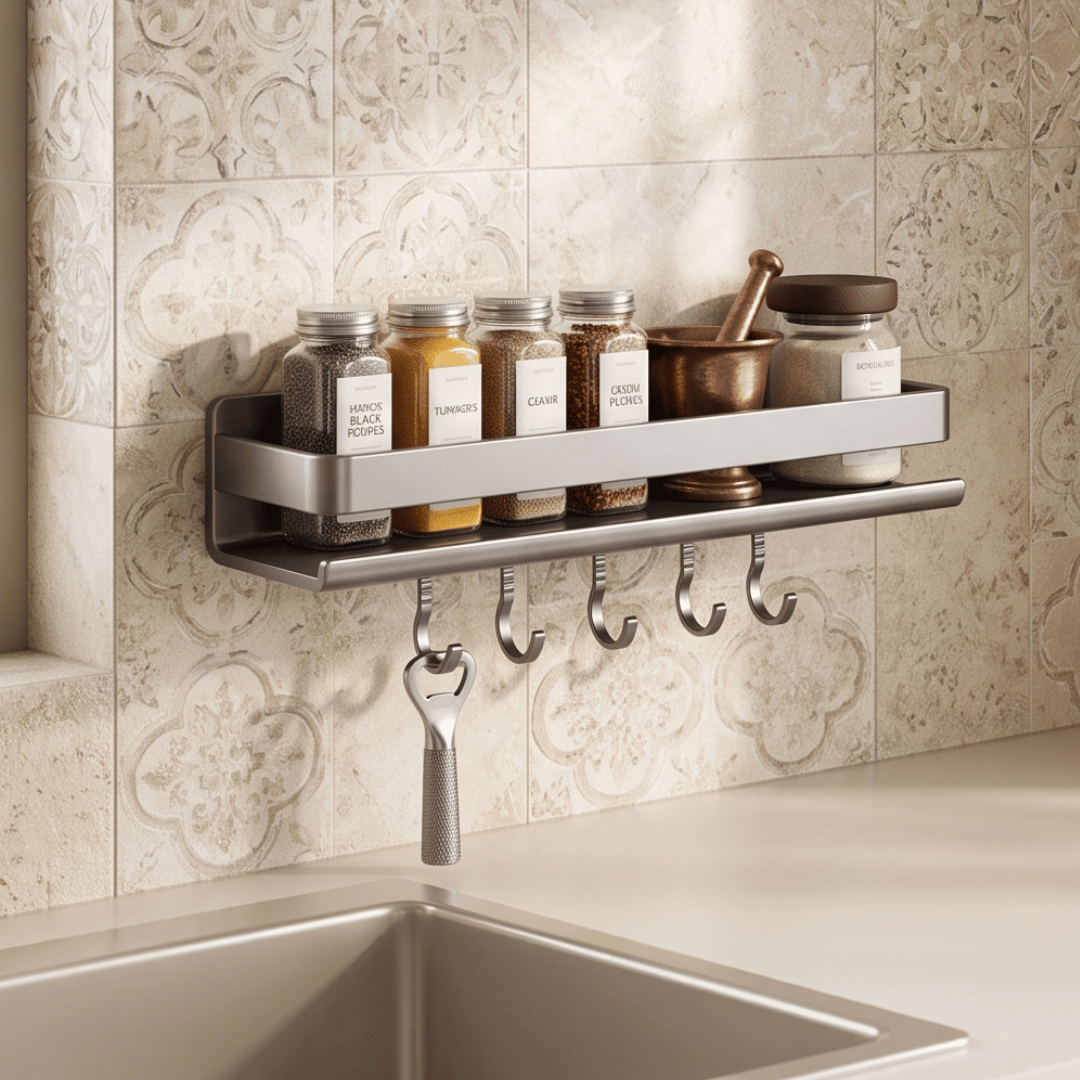 Wall Mounted Kitchen Spice Rack Organizer with Hooks