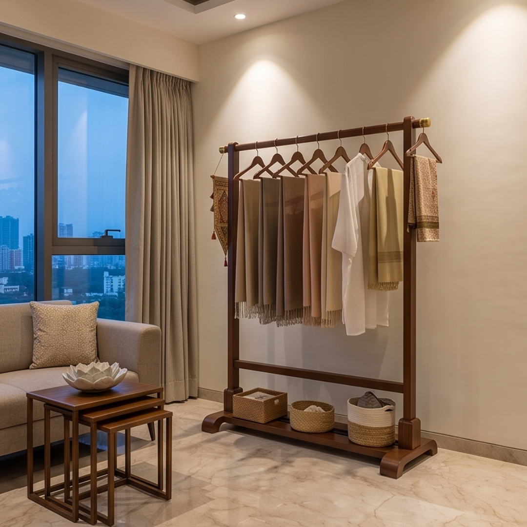 Solid Bamboo Coat Rack Open Wardrobe Organizer Stand With Hanging Rail And Side Hooks
