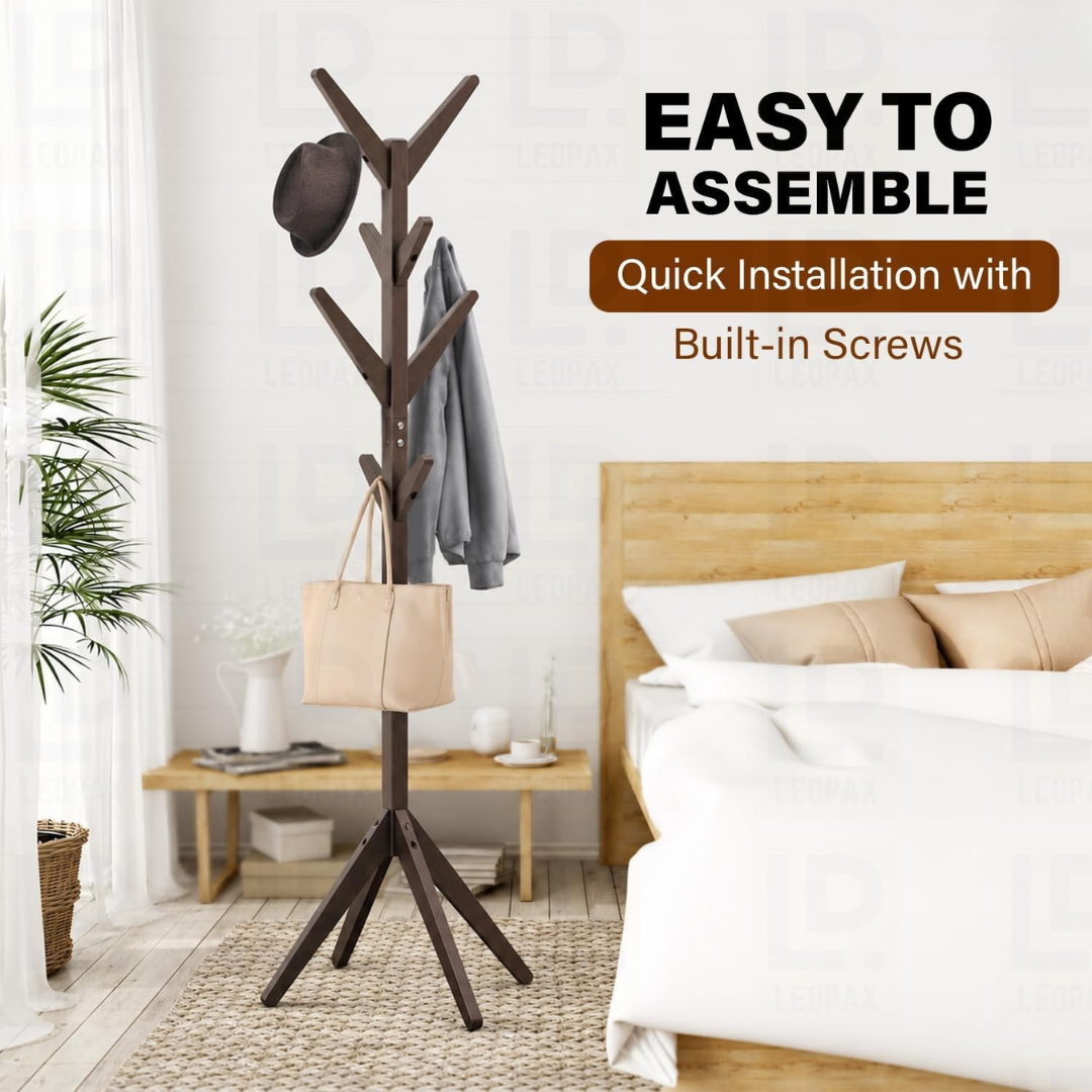 Bamboo Wooden Tree Coat Rack Stand with 8 Hooks