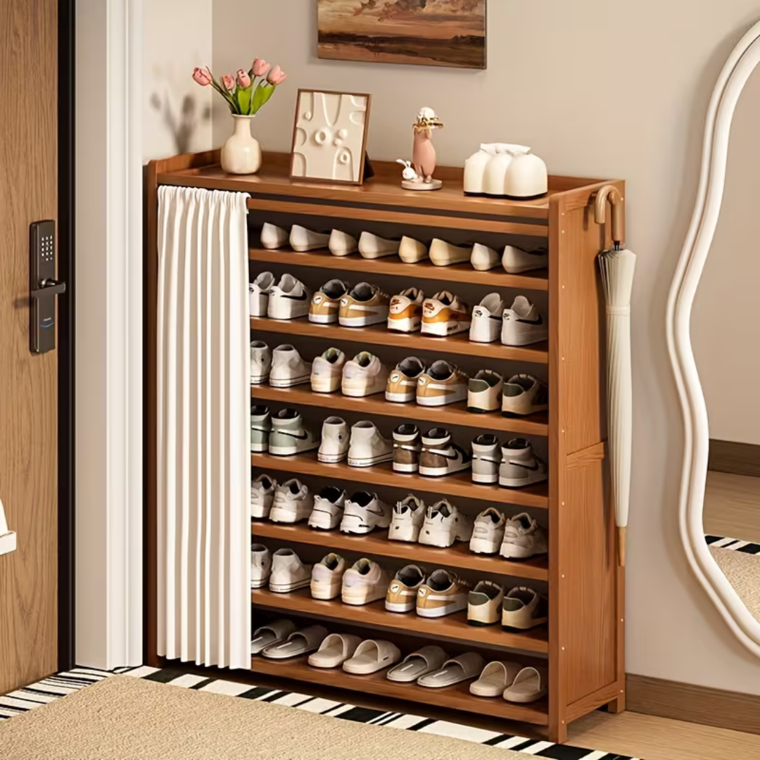 Multi Layer Bamboo Shoe Rack Cabinet with Dustproof Curtain