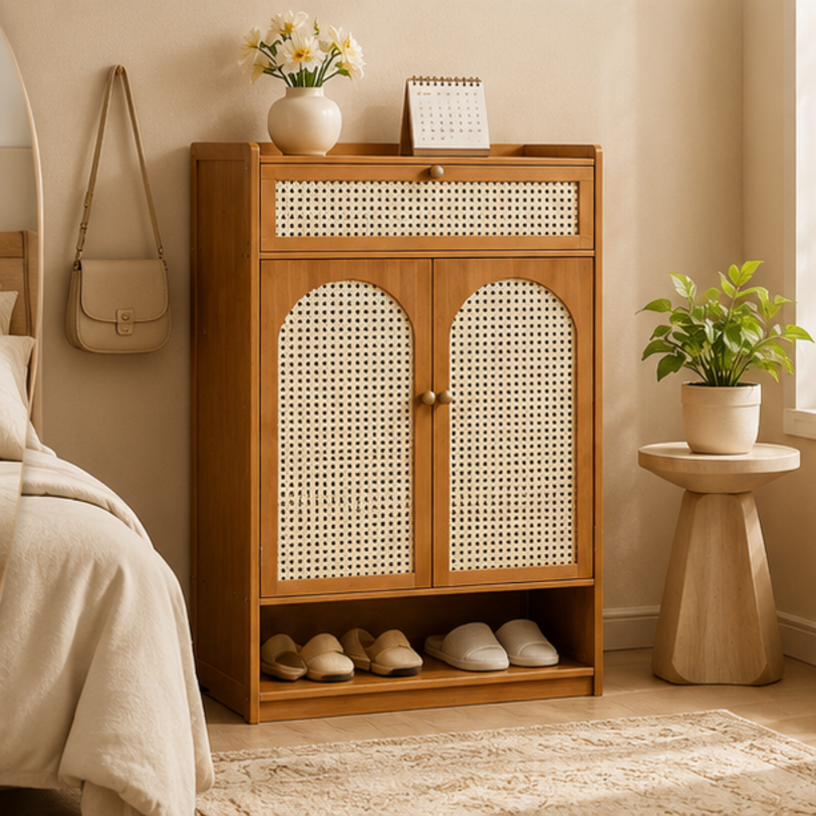 Bamboo Shoe Storage Cabinet with Rattan Mesh Doors and Drawer