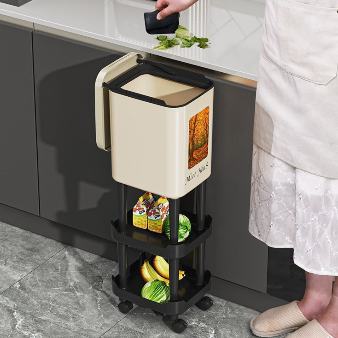 Elevated Rolling Kitchen Trash Bin with Storage Shelf