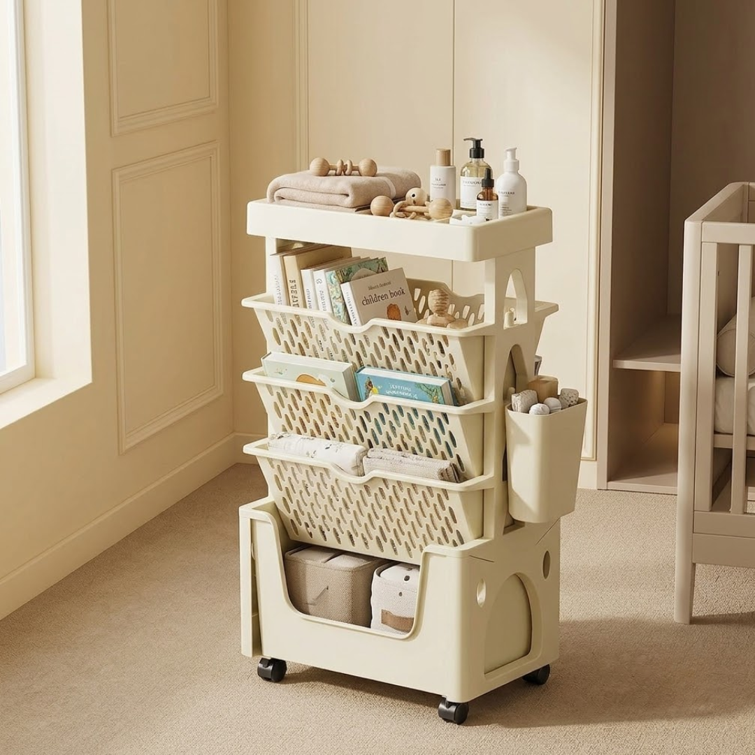 5 Tier Rolling Bookshelf Organizer with Removable Baskets Wheels