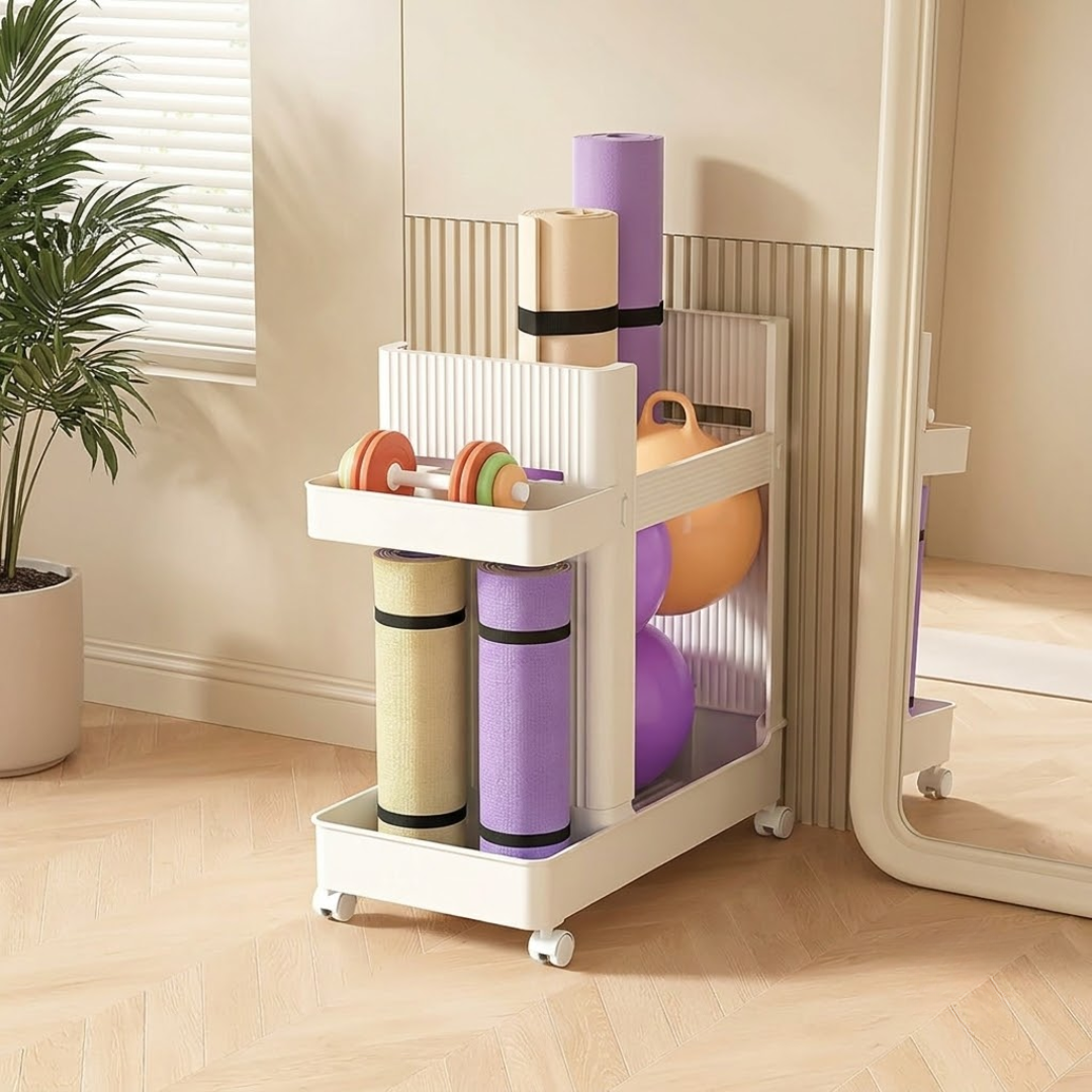 Multipurpose Yoga Mat and Fitness Equipment Storage Rack with Wheels