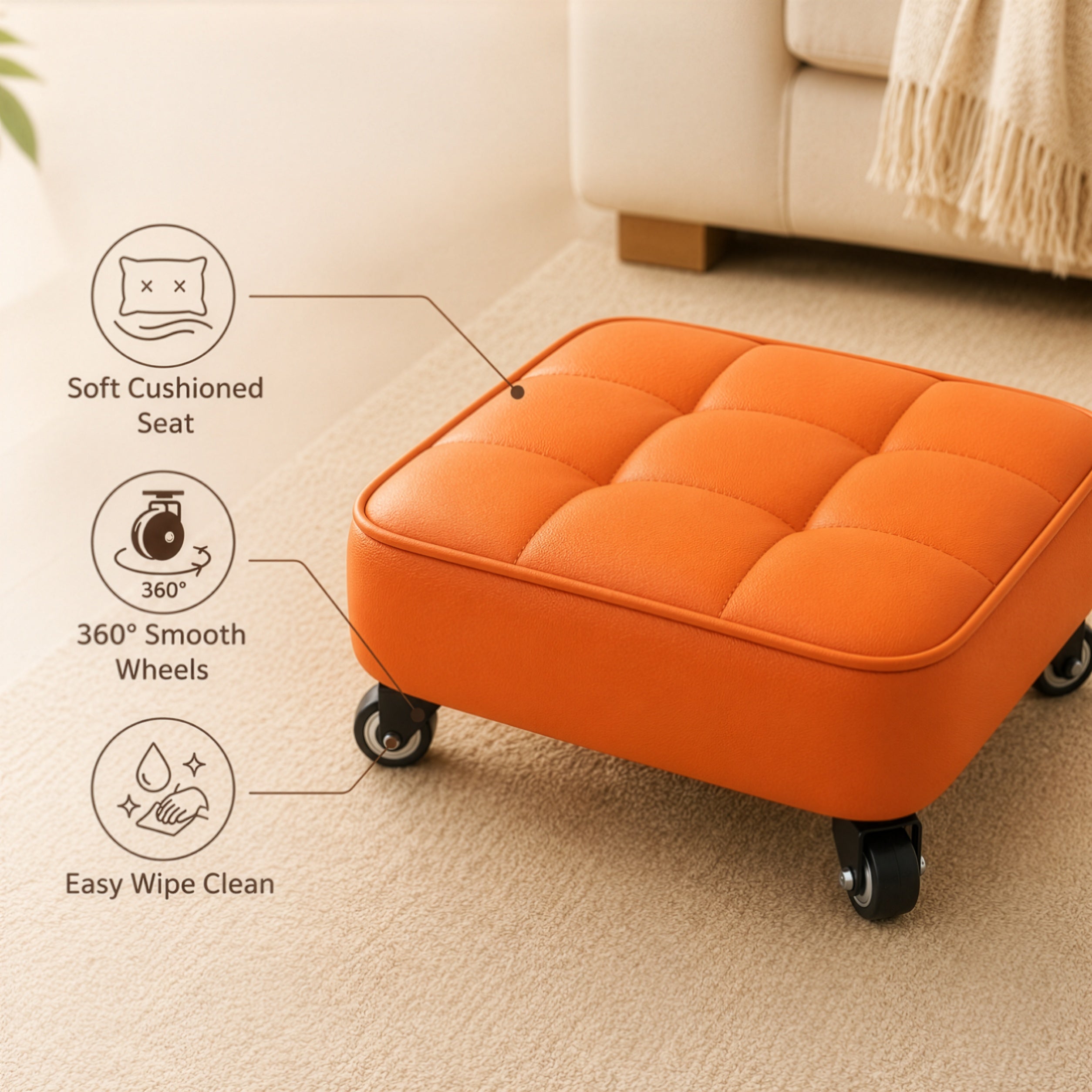 Multi Purpose Low Rolling Stool Cushioned Seat with Swivel Wheels