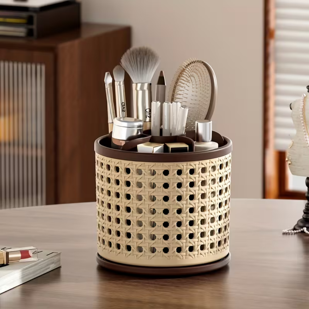Multi Chamber Vintage Rattan Style Rotating Storage Organizer