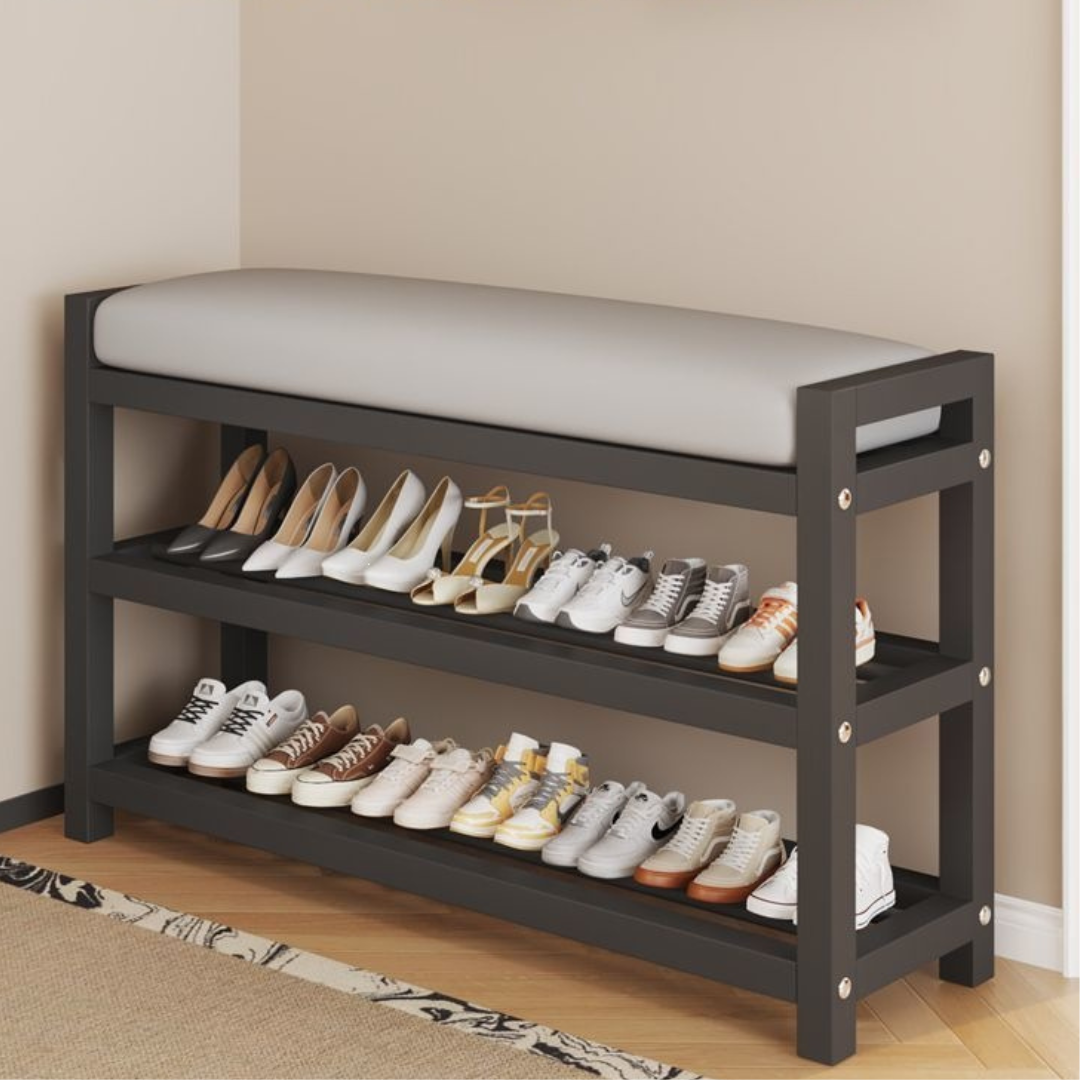 Multifunctional Carbon Steel Shoe Bench Rack with PU Leather Cushion