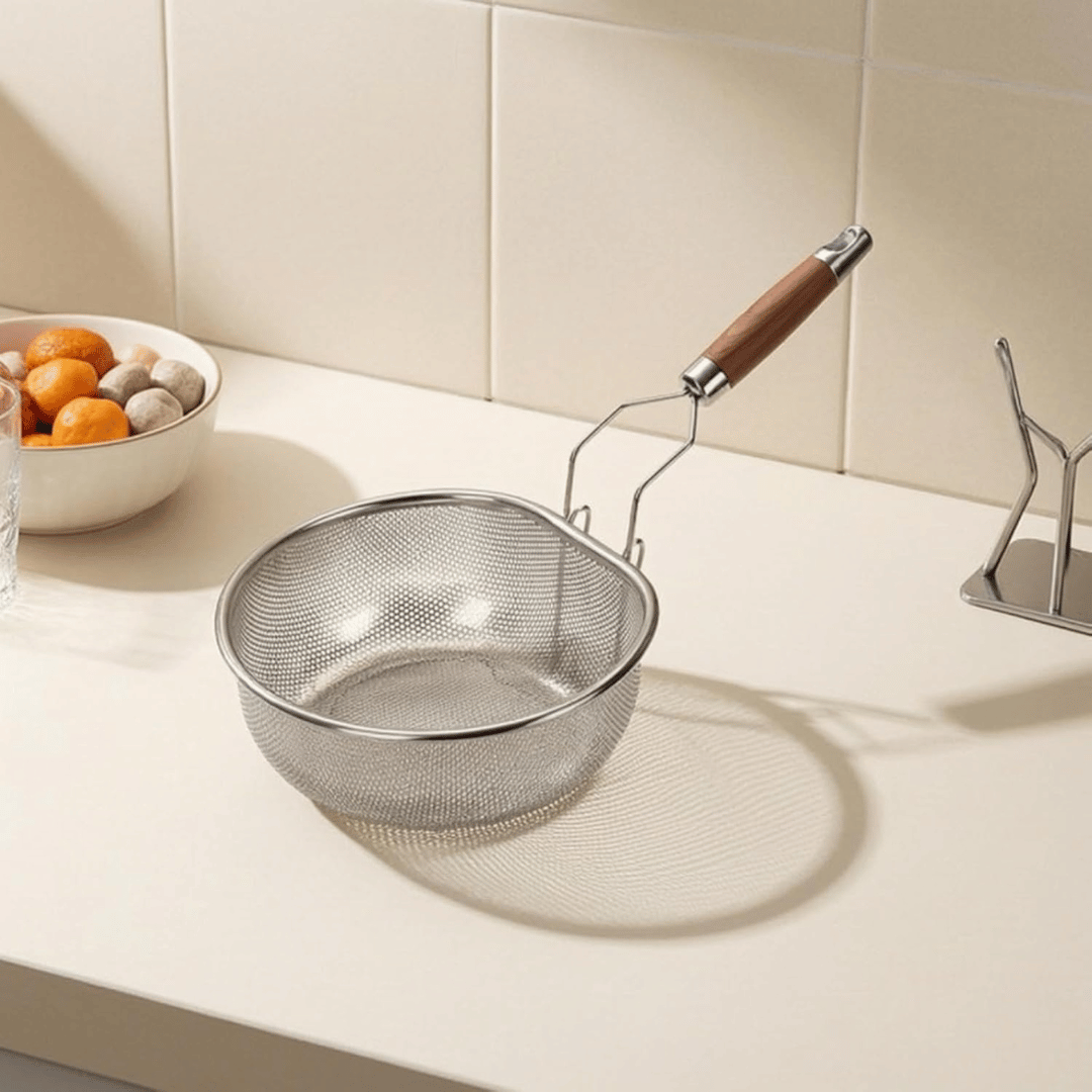 Premium Stainless Steel Noodle Strainer with Faux Wood Handle and Hanging Hook
