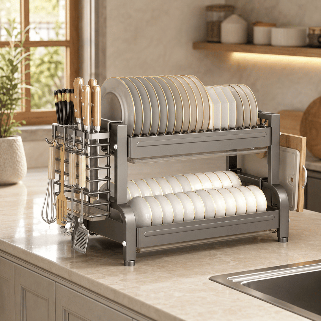 Two Tier Carbon Steel Dish Drying Rack with Knife Holder and Drip Trays