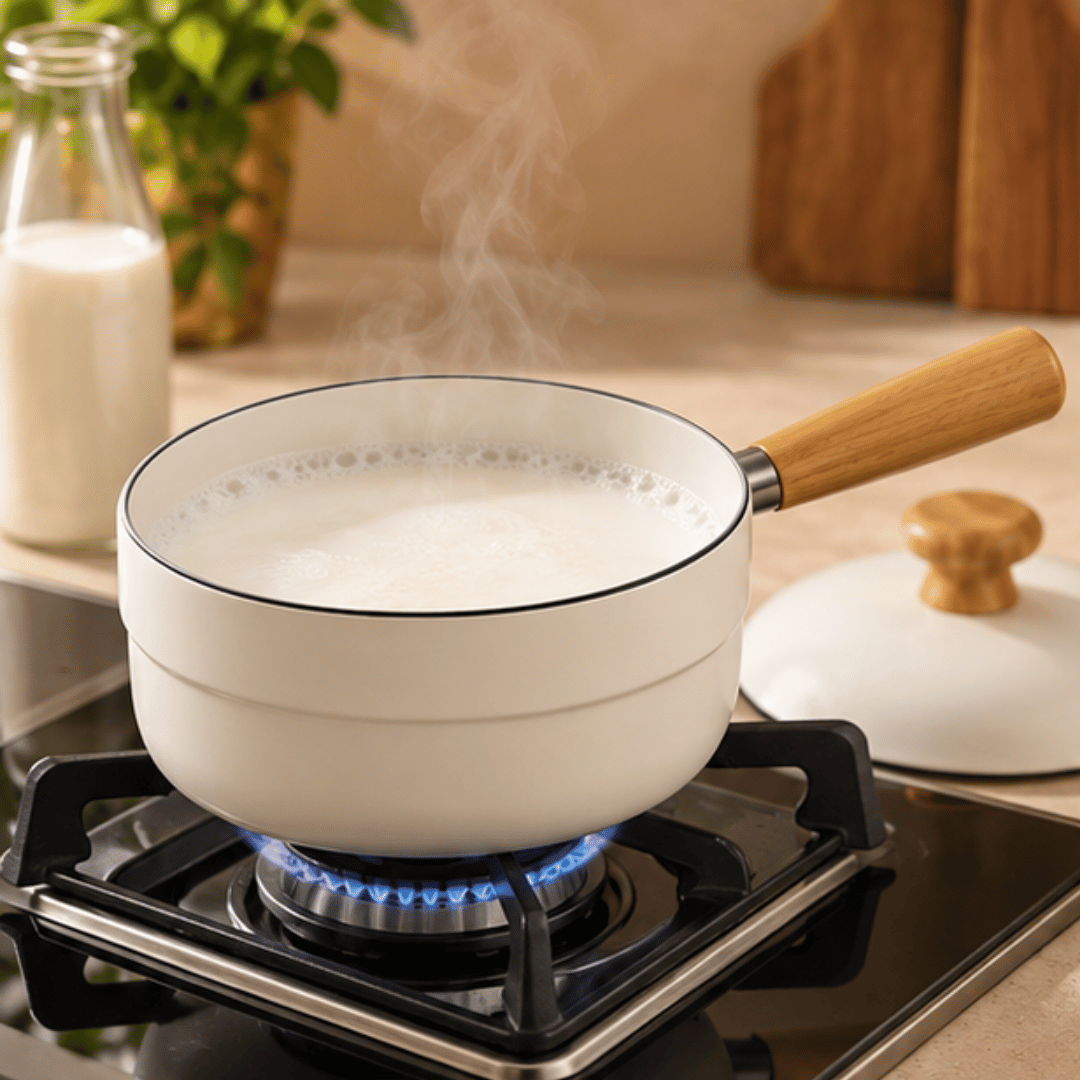 Premium White Enamel Milk Pot With Wooden Handle & Lid