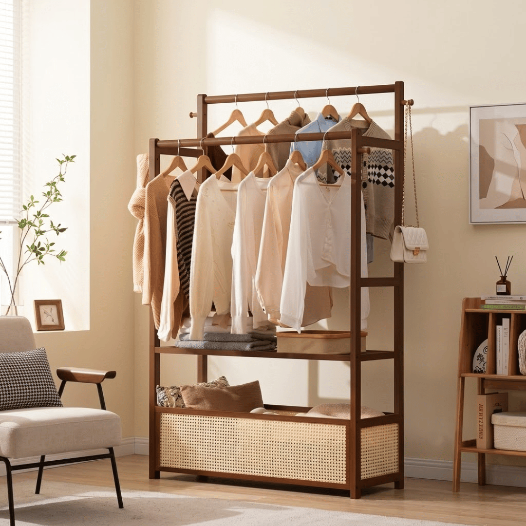 Multifunctional Bamboo Garment Rack with Double Hanging Rods & Rattan Cabinet Storage Shelf
