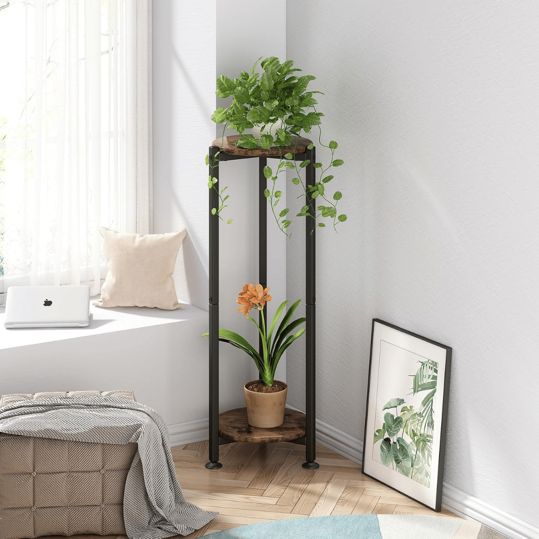 Two Tier Round Plant Stand with Oak Finish Shelves and Metal Frame