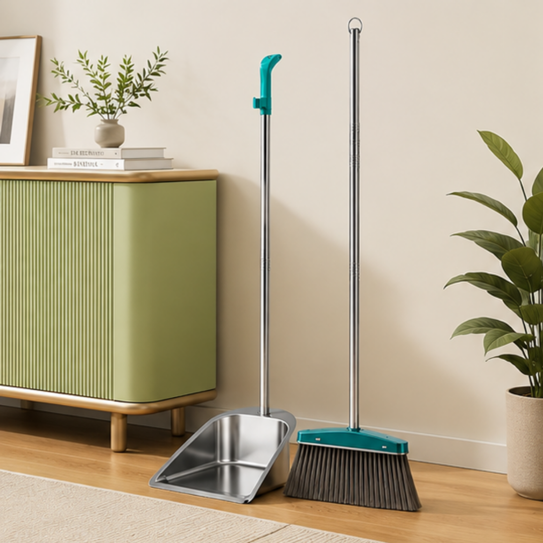 Heavy Duty Stainless Steel Soft Bristles Broom Dustpan Set