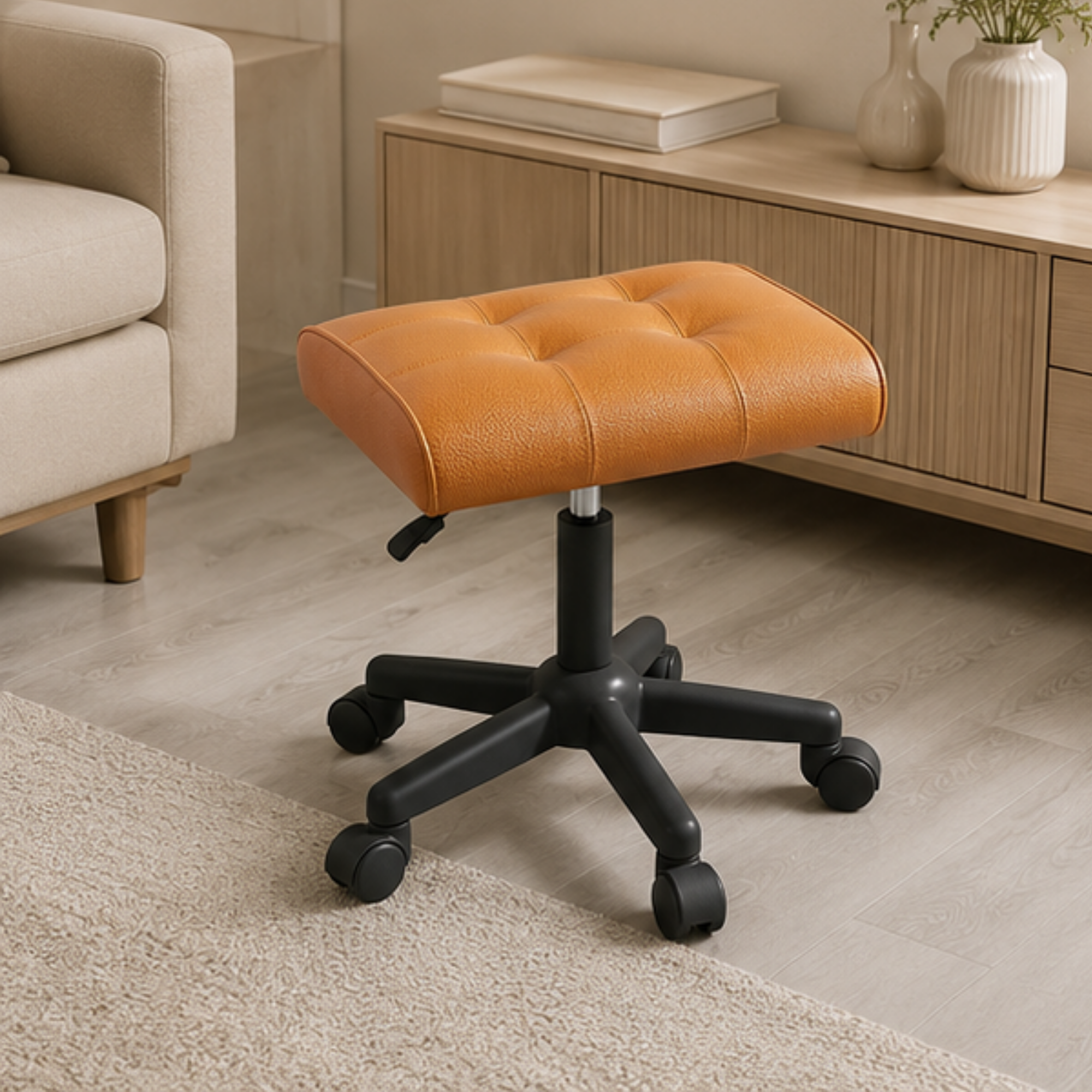 Adjustable Leather Footrest Stool with Thick Cushion