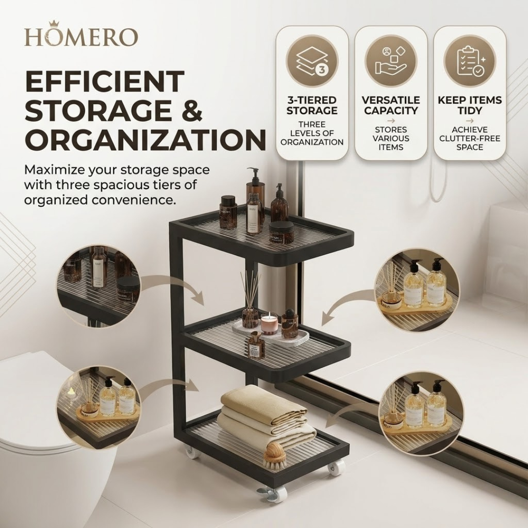 Premium 3 Tier Rolling Storage Cart with Reeded Glass