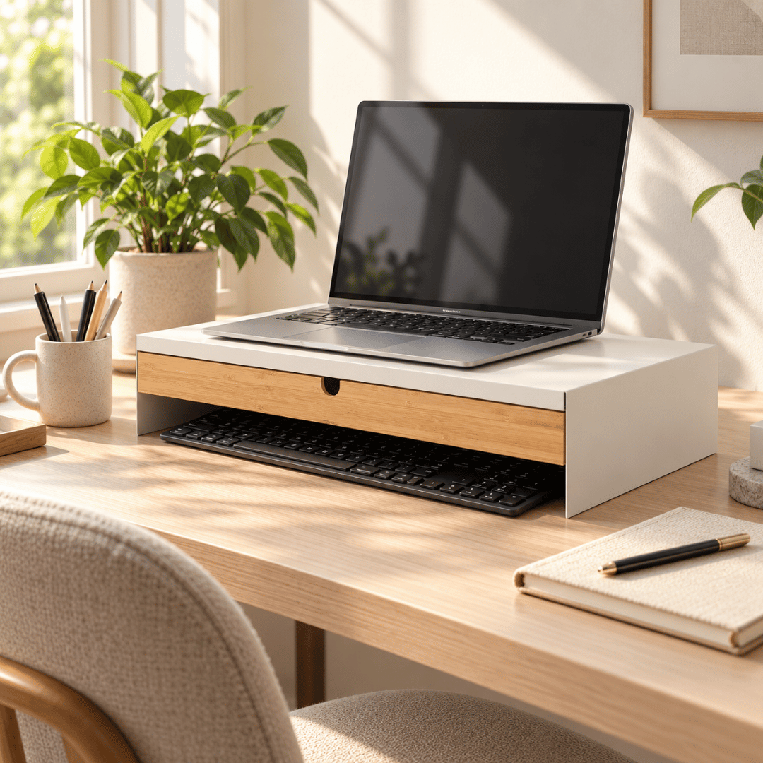 Premium Bamboo Monitor Stand with Drawer Desk Organiser