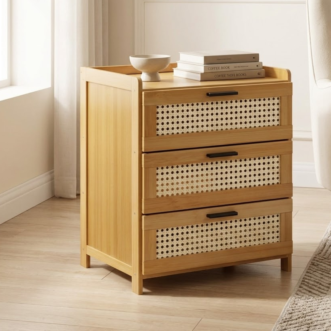 Multipurpose Bamboo Side Table with Three Drawers
