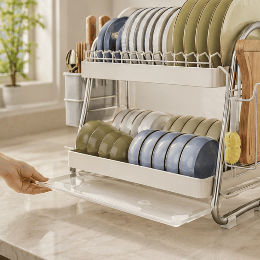 Premium Two Tier Carbon Steel Dish Rack With Cutlery Holder Knife Slots And Drip Tray
