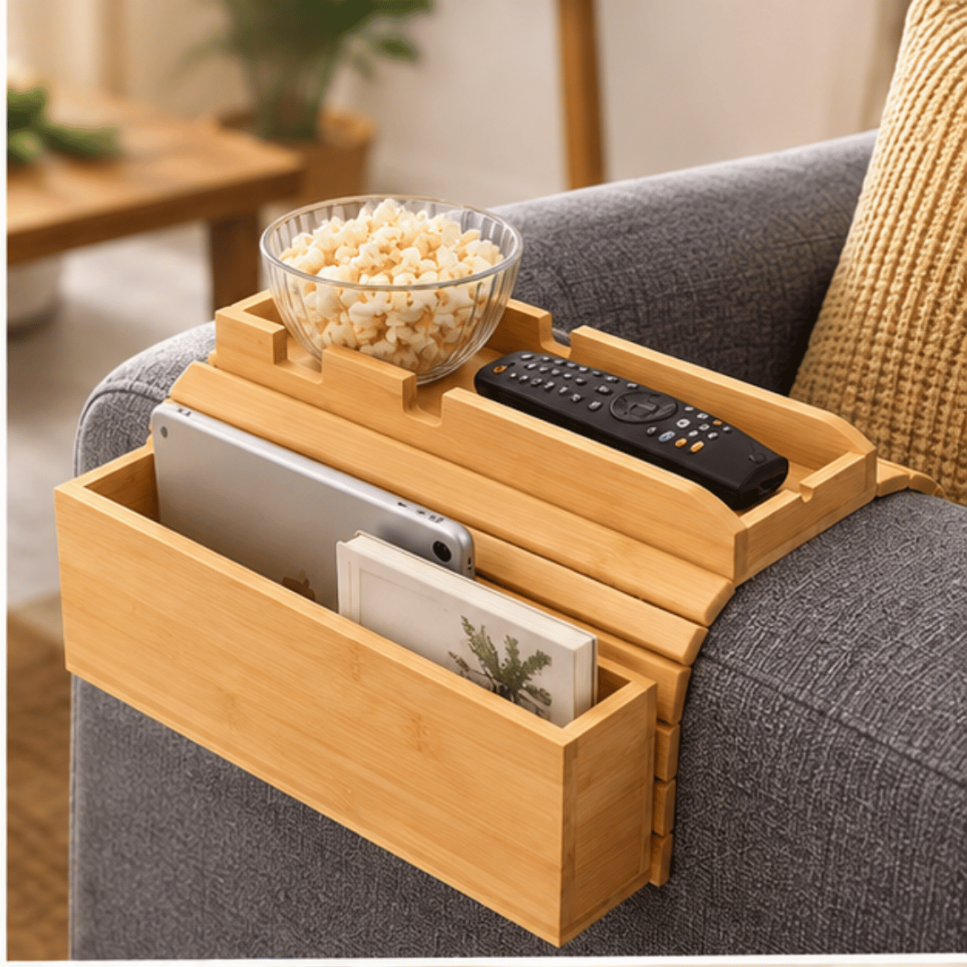 Natural Bamboo Sofa Armrest Tray Table with Storage Slots and Mug Holder