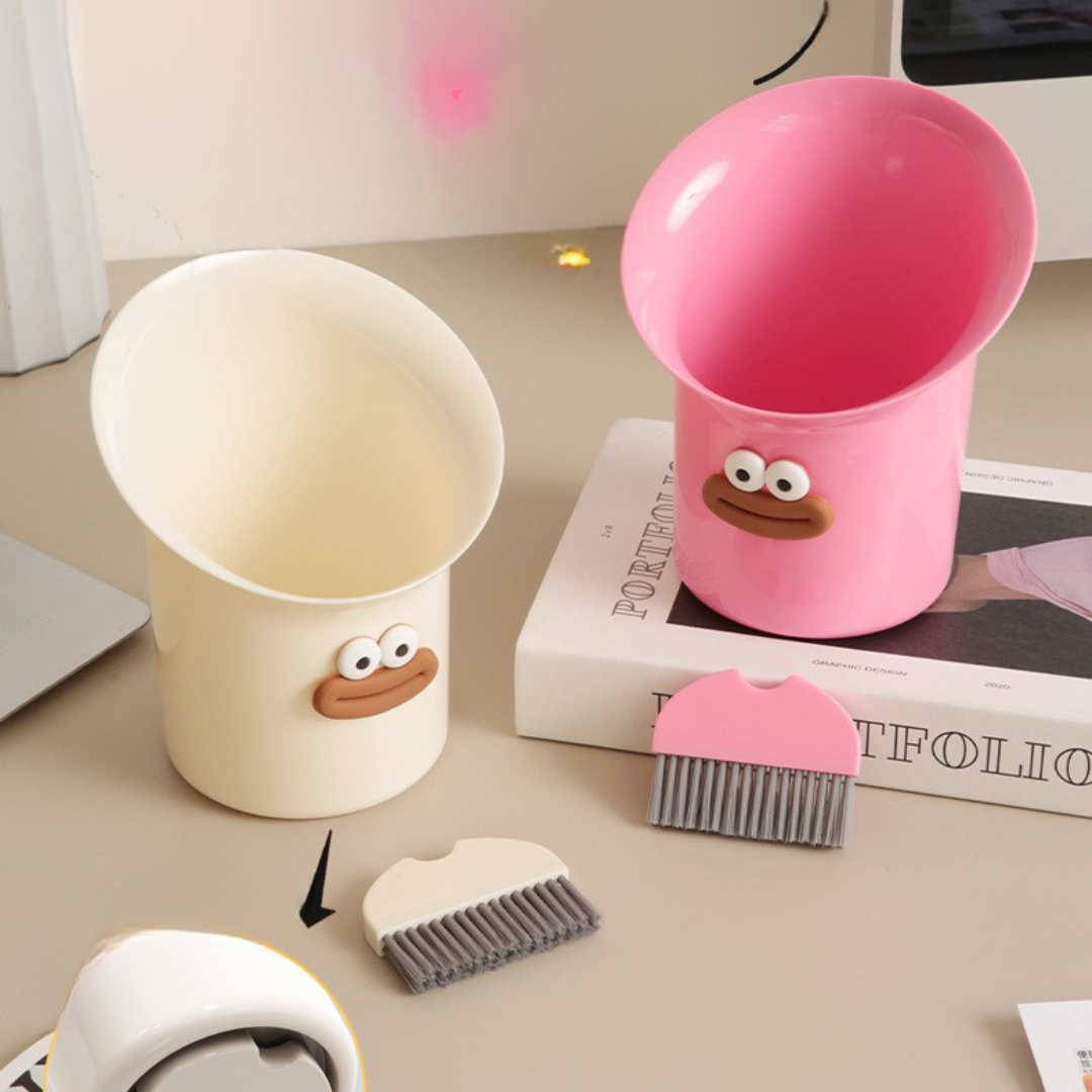 Dual-Function Desktop Trash Can with Hidden Cleaning Brush