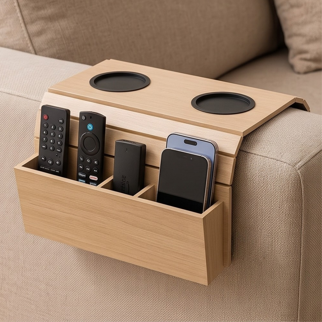 Flexible Wooden Sofa Armrest Tray Table With Dual Cup Holders And Remote Storage
