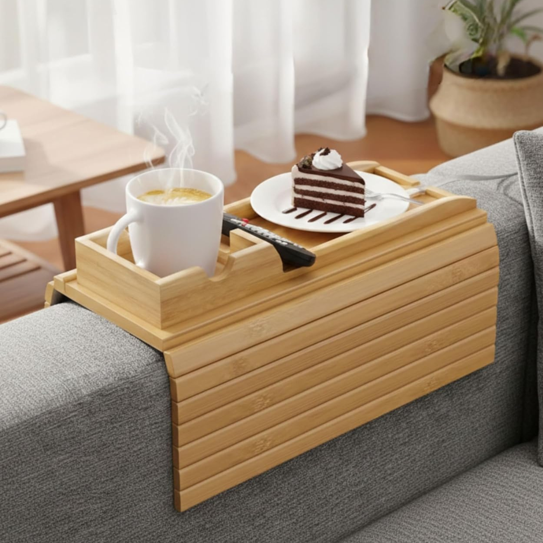 Bamboo Sofa Armrest Tray with Detachable Cup Holder