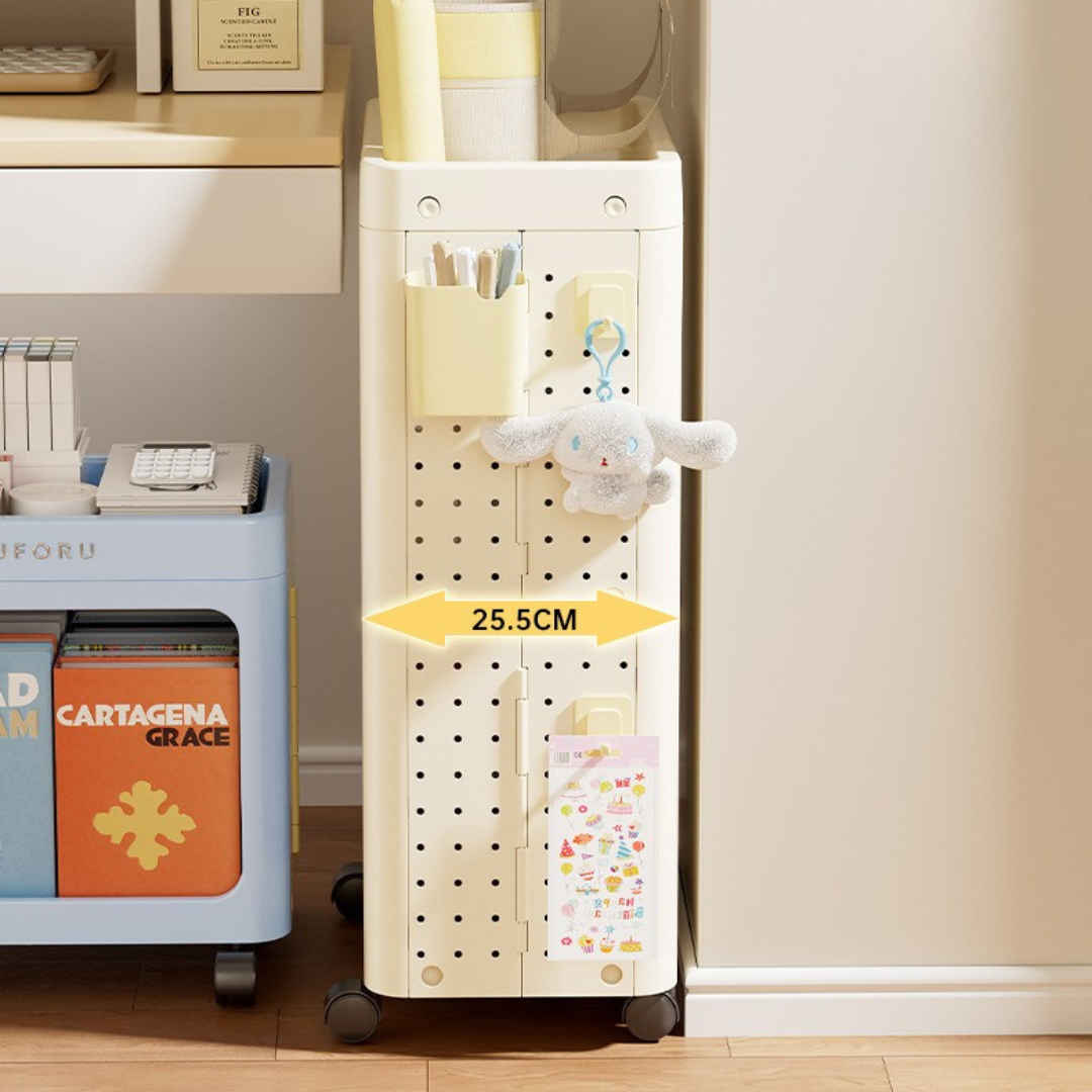 Premium Folding Space Saver Pegboard Bookshelf with 360° Omnidirectional Wheels