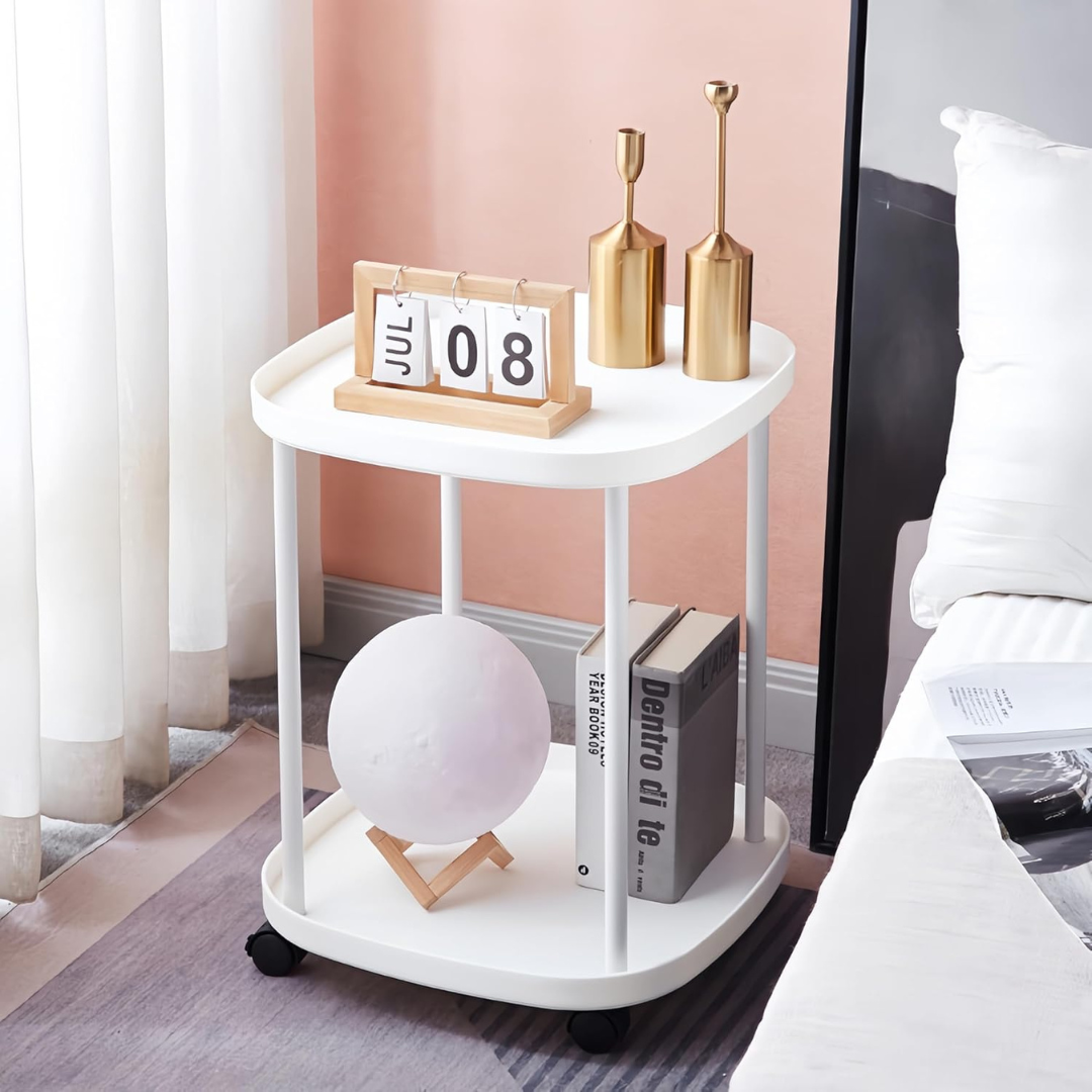 Homero Multipurpose Plastic Side Table with Wheels (2 Layer)
