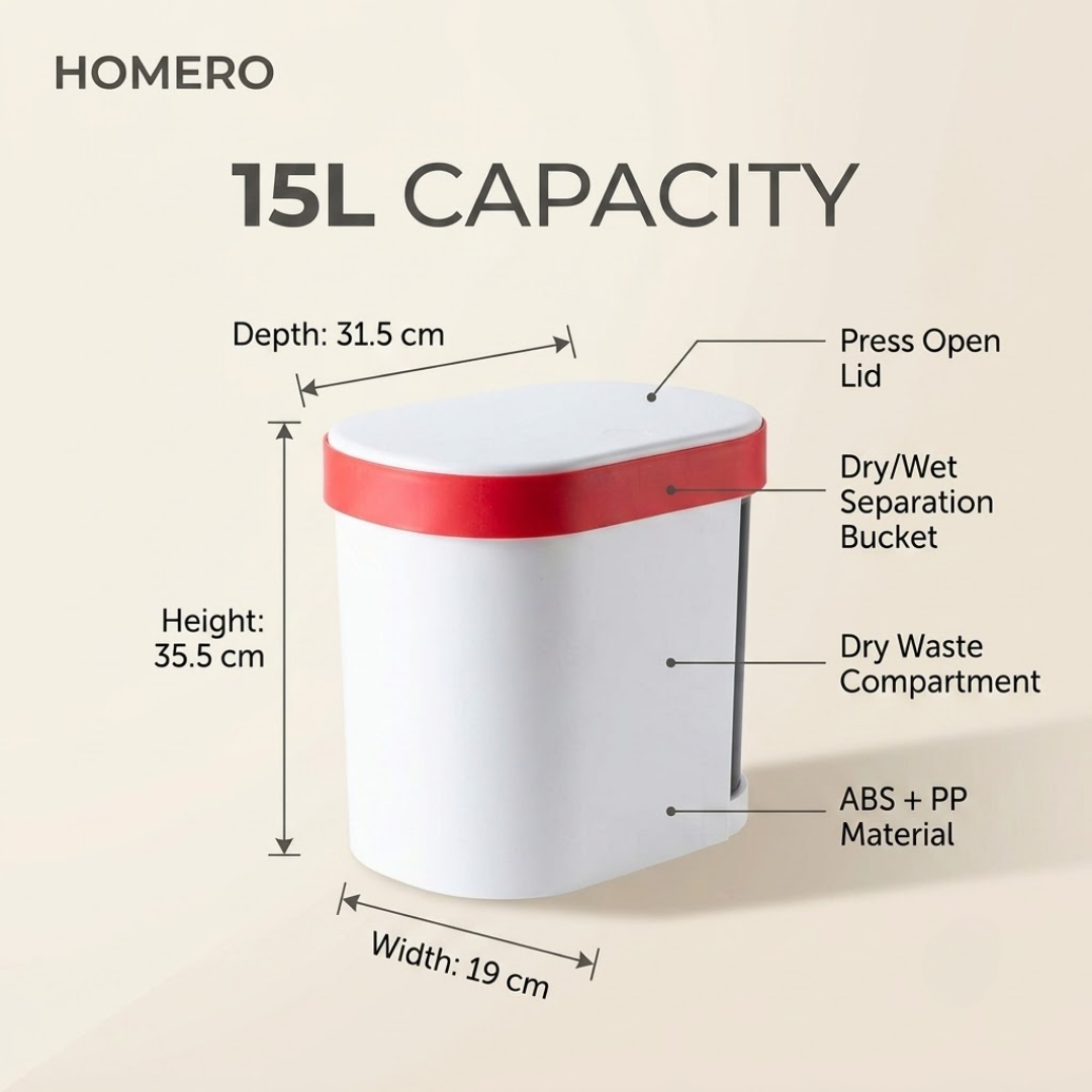 Multipurpose Dry Wet Separation Plastic Waste Bin With Sealed Lid (15L)