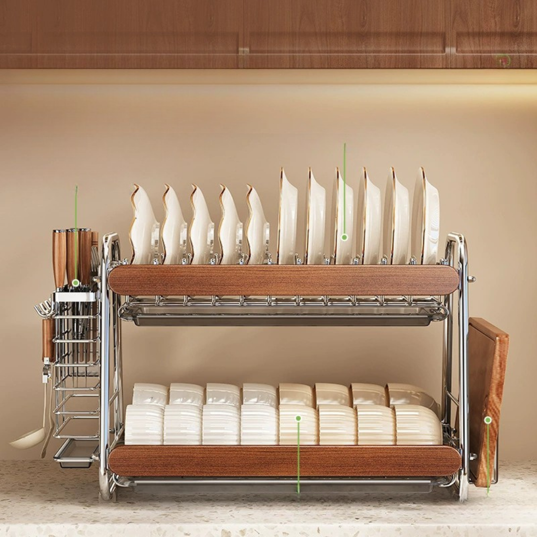 Homero 2-Tier Stainless Steel Wooden Touch Storage Rack