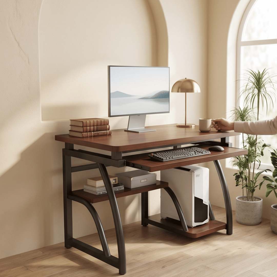 Premium Wooden Computer Desk Table with Bookshelf & Retractable Keyboard Tray