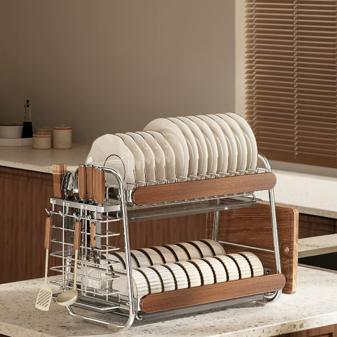 Homero 2-Tier Stainless Steel Wooden Touch Storage Rack