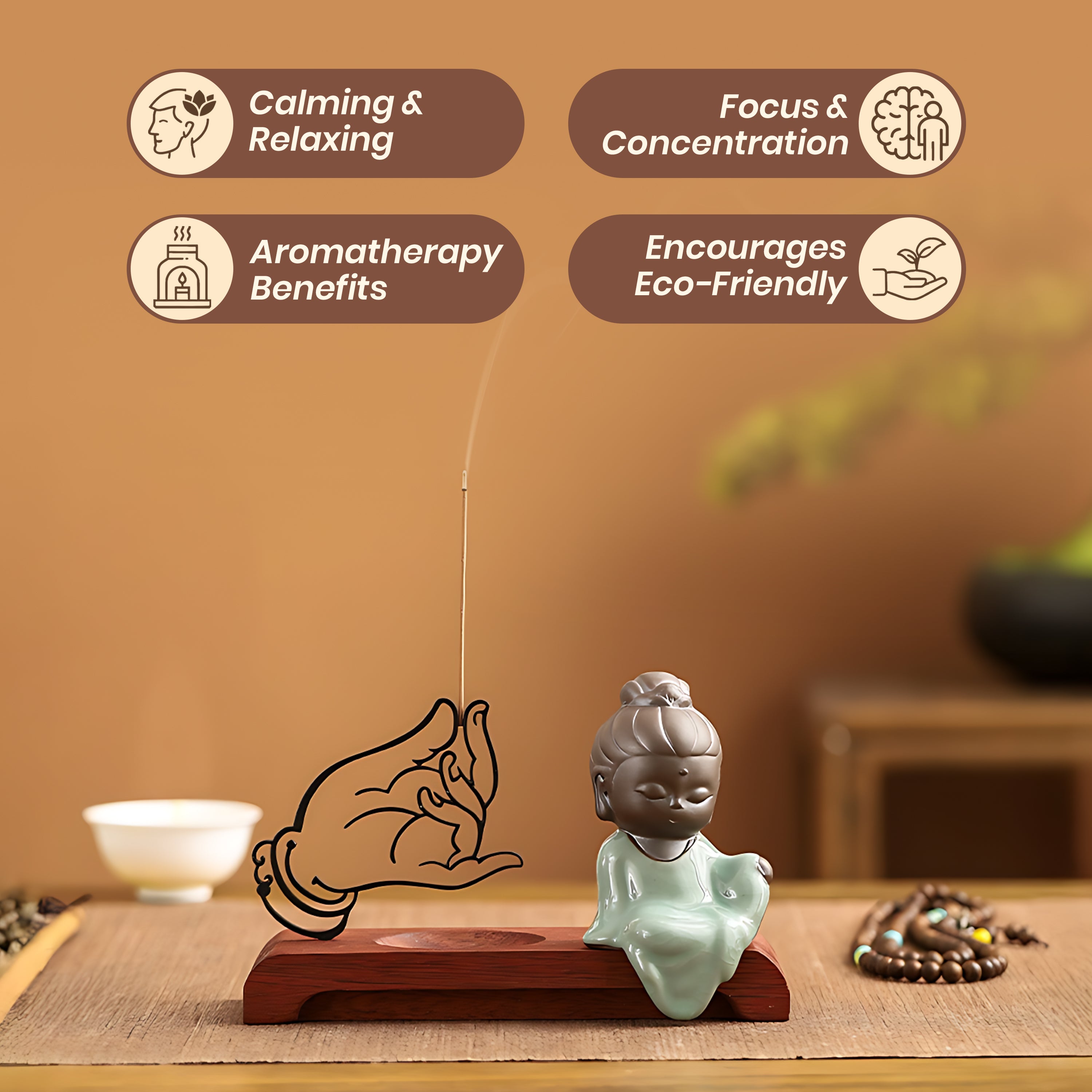 Homero Wooden Base Zen Metal Hand Incense Holder - 16cm