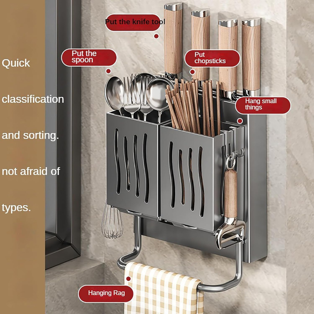 Multifunctional Wall Mounted Knife and Utensil Organizer with Dual Storage Baskets