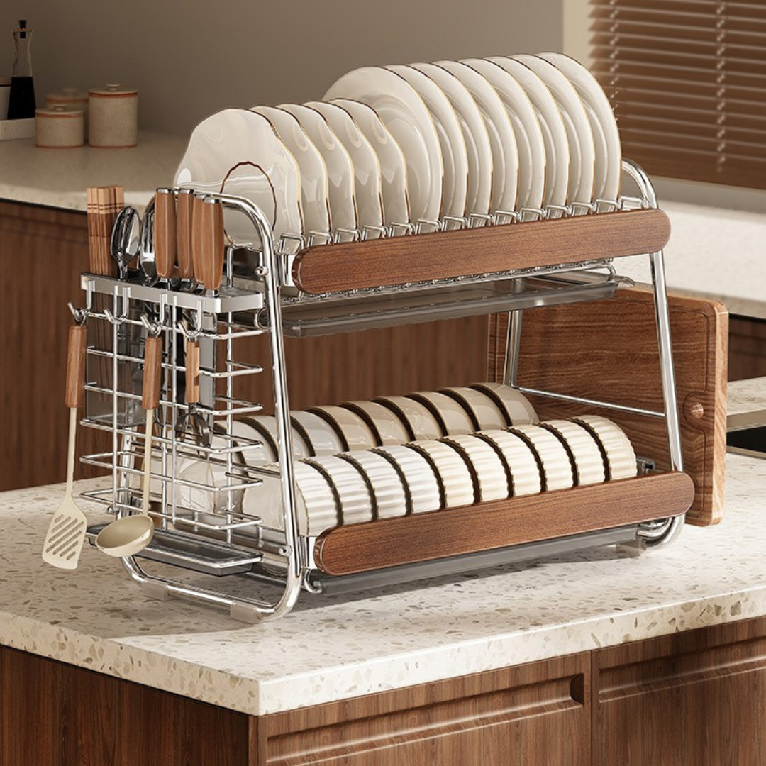 Homero 2-Tier Stainless Steel Wooden Touch Storage Rack