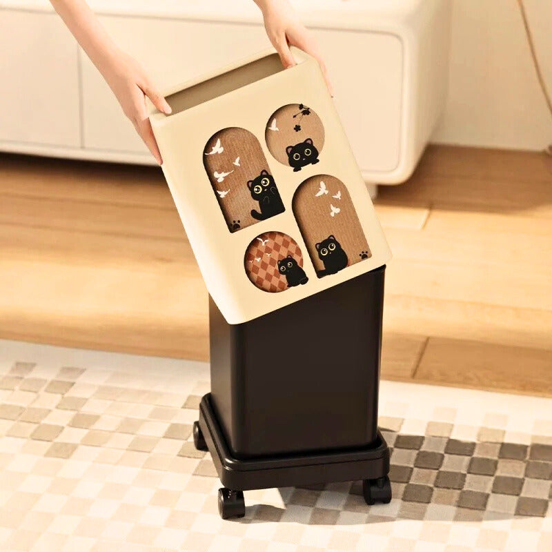 Cute Cat Print Multipurpose Trash Bin with Wheels 15L