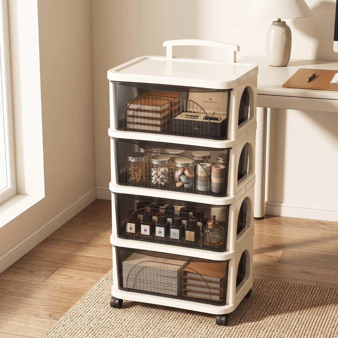 4-Tier Plastic Modular Rolling Storage Cart with Transparent Pull-Out Drawers and Wheels