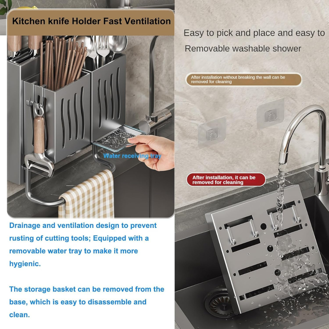Multifunctional Wall Mounted Knife and Utensil Organizer with Dual Storage Baskets