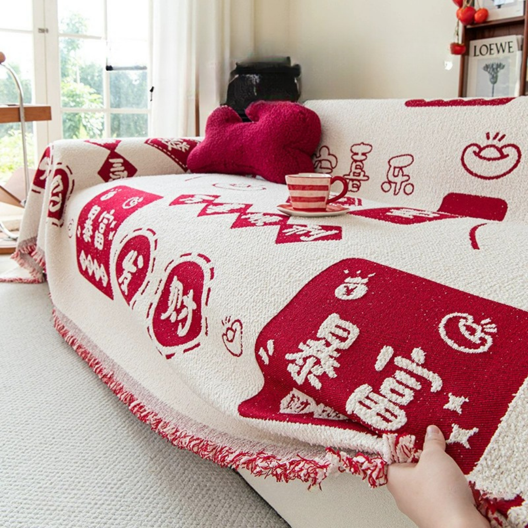Festive Mahjong Chenille Double Sided Soft Textured Throw Sofa Blanket Cover