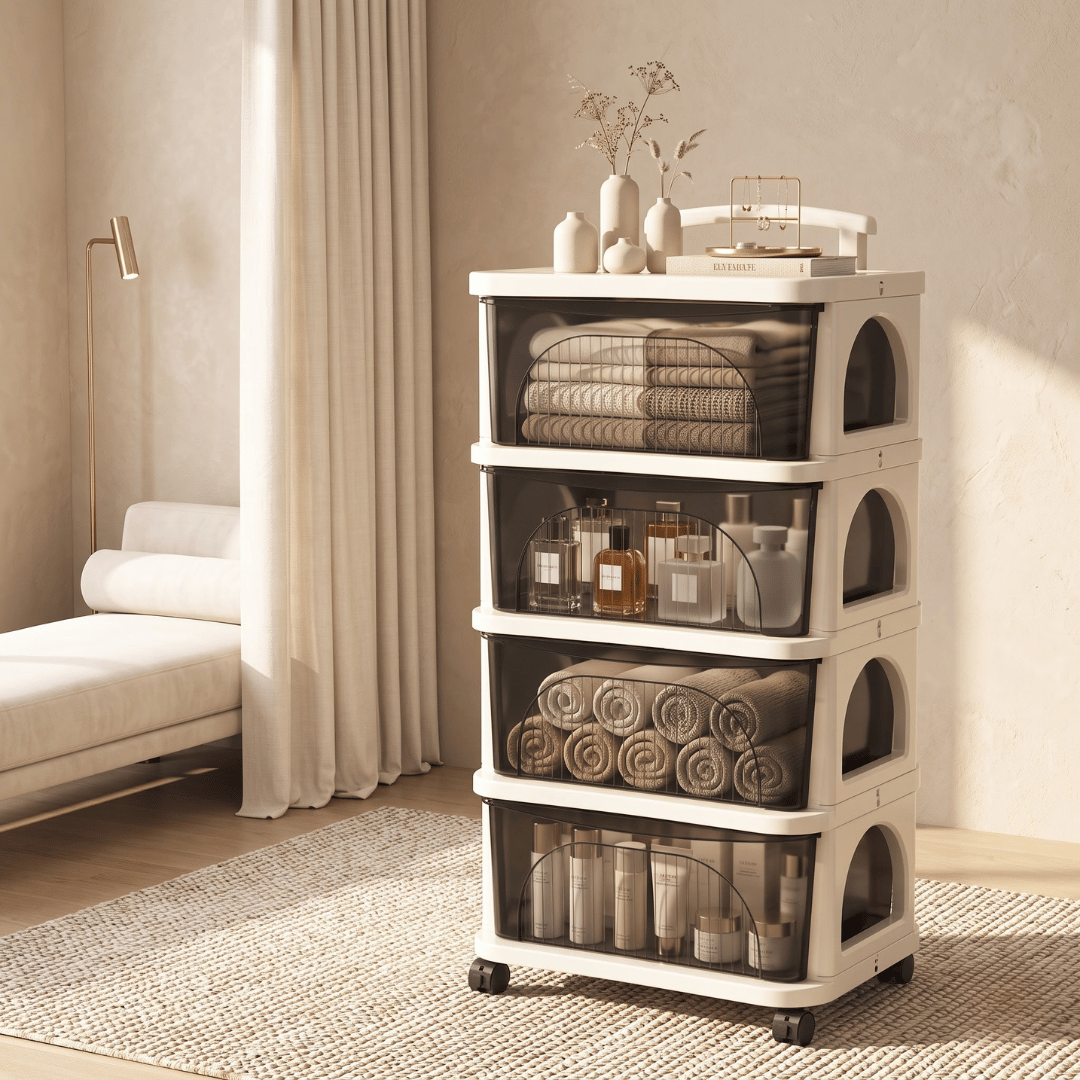 4-Tier Plastic Modular Rolling Storage Cart with Transparent Pull-Out Drawers and Wheels