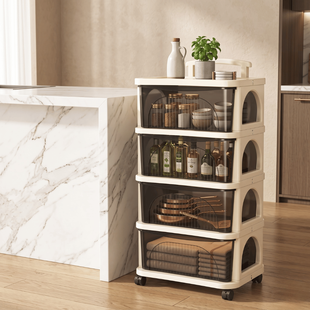 4-Tier Plastic Modular Rolling Storage Cart with Transparent Pull-Out Drawers and Wheels