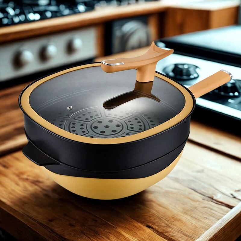 Titanium Coated Double Layer Non-Stick Wok Frying Pan with Steamer