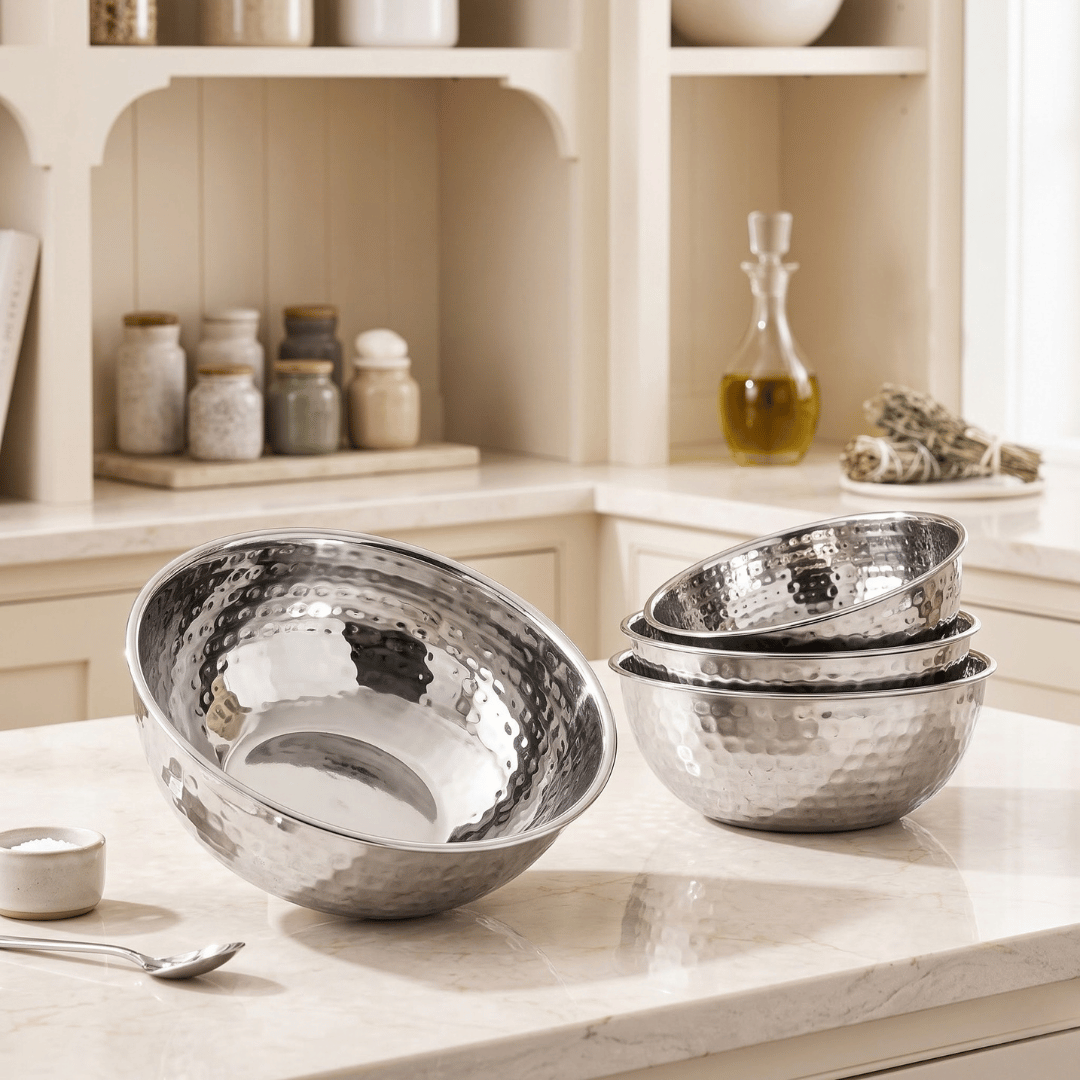 Multipurpose Stainless Steel Serving Bowls with Hammered Finish (Set of 4)