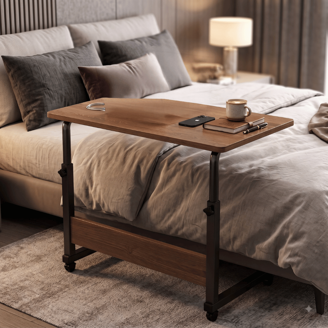 Multipurpose Height Adjustable Side Table With Lockable Wheels