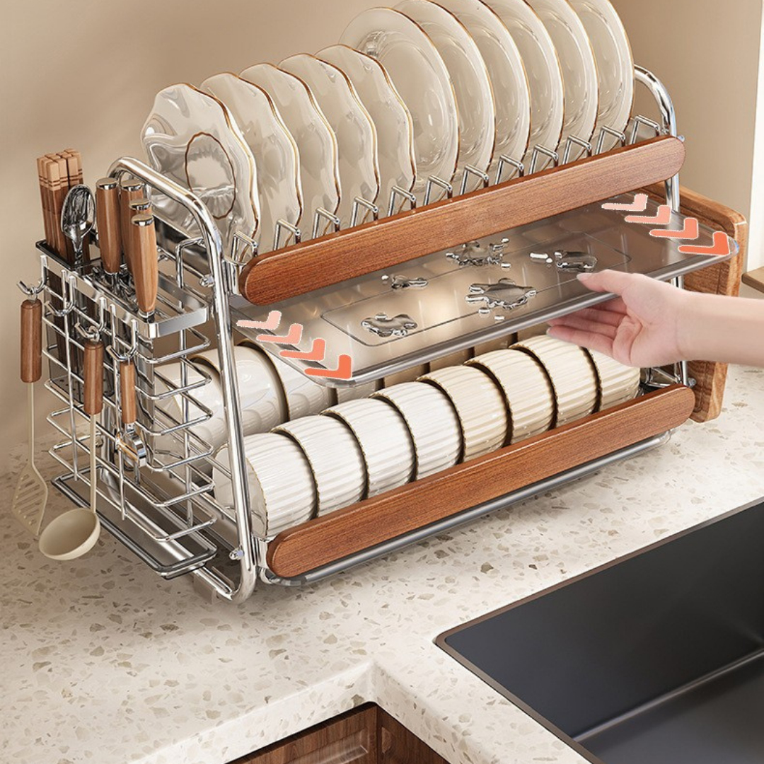 Homero 2-Tier Stainless Steel Wooden Touch Storage Rack